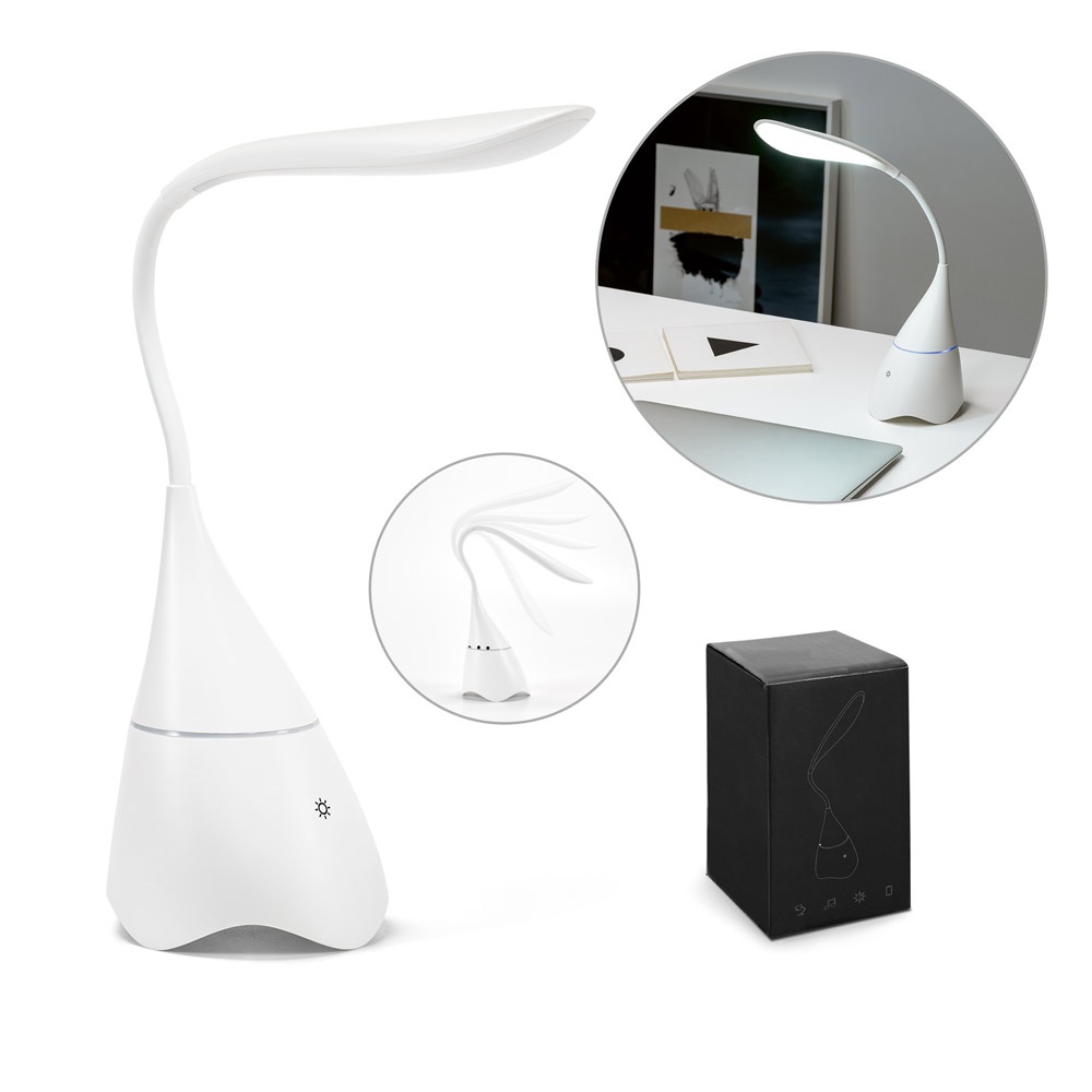 GRAHAME. Draagbare bureaulamp in gerecycled ABS (100% rABS) met luidspreker en een autonomie van 5 uur batterij