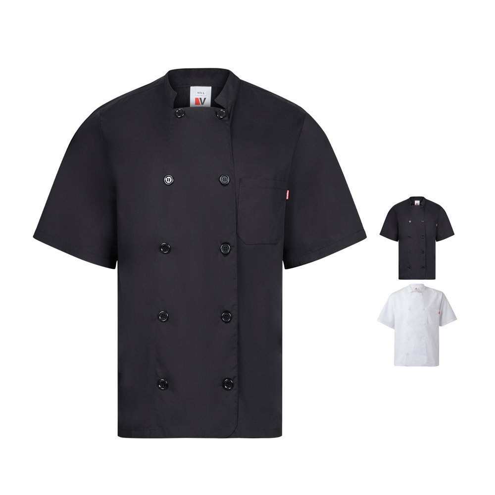VL DURGA. Keukenjas in popeline met korte mouwen (110g/m²), van katoen (35%) en polyester (65%)