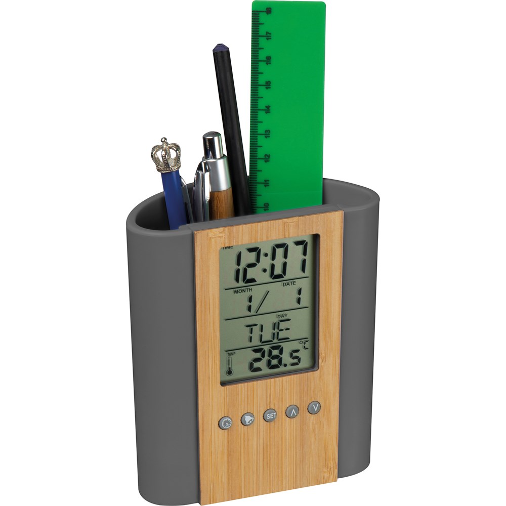 Pennenhouder met klok, thermometer van bamboe en ABS
