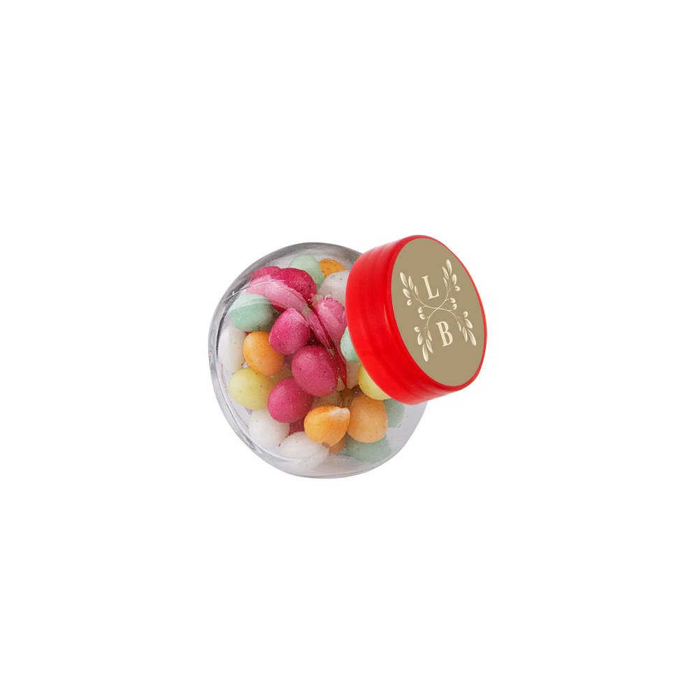 Micro glazen potje 50 ml, gevuld met snoep - Transparant/Rood