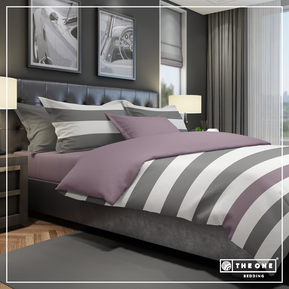 Bed Set Stripe Single beds - Donkergrijs / Pruim
