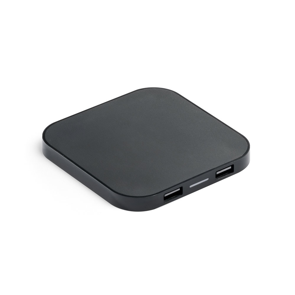 CAROLINE. Supersnelle 15W draadloze oplader met HUB 2 USB-A poorten in gerecycled ABS (60% rABS) - Zwart